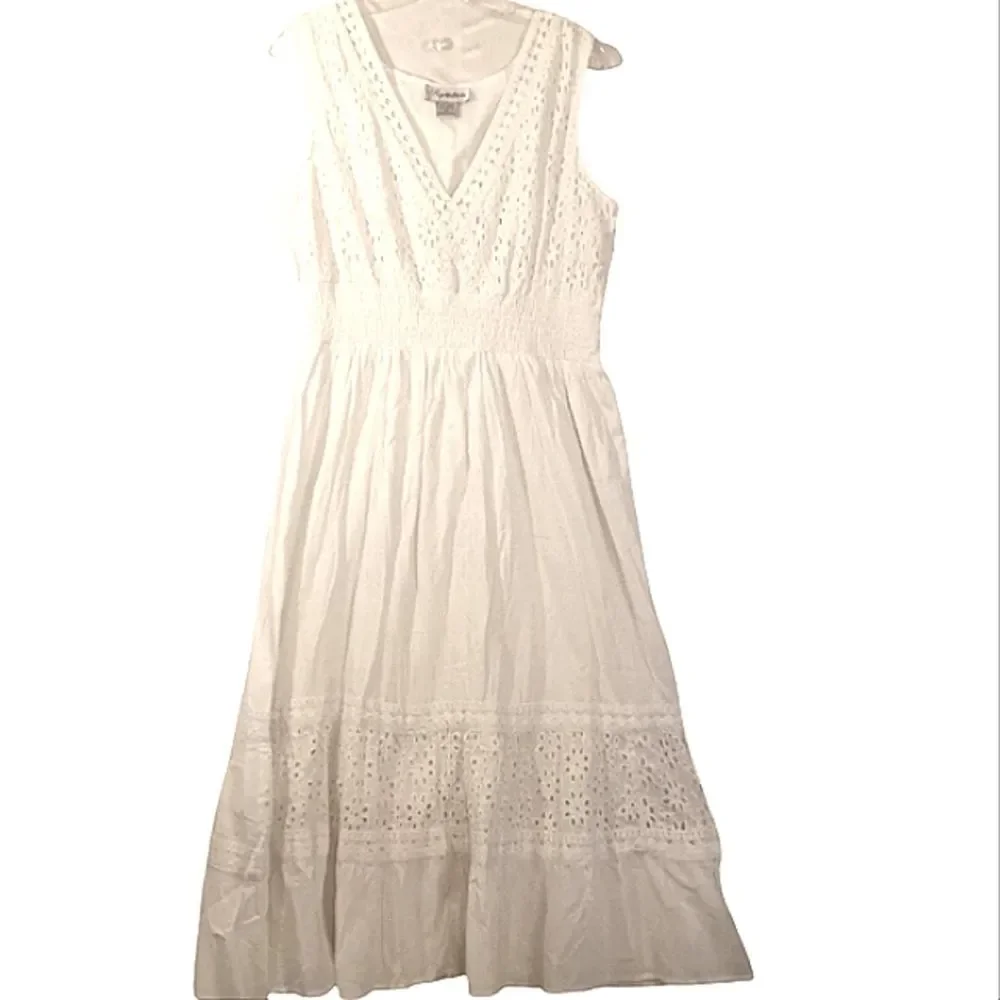 Vtg Signature Cotton Eyelet Embroidery Elastic Waist Tiered Cottagecore … - Picture 2 of 9